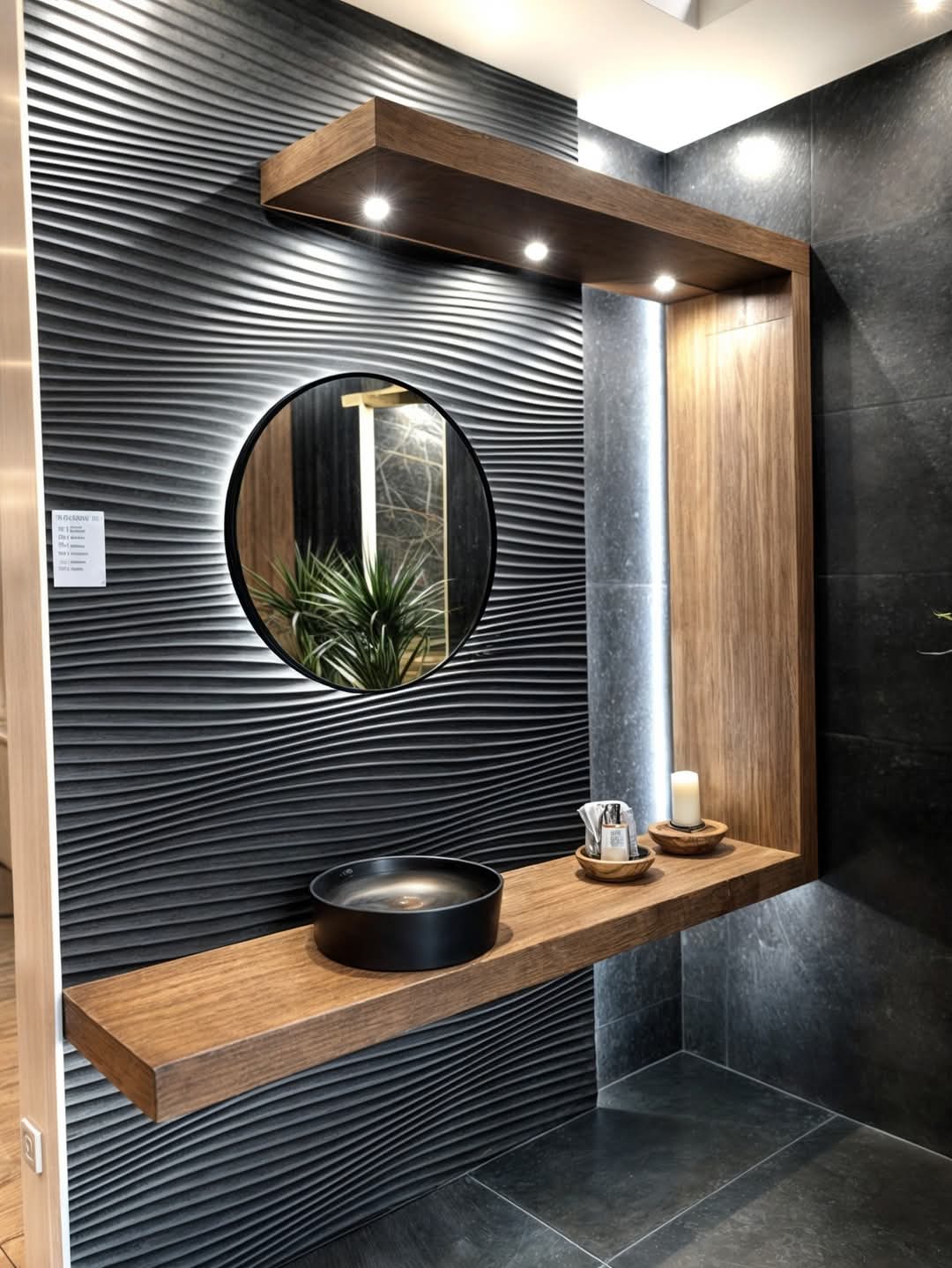 Salle de bain moderne avec mur ondulé noir et étagère bois
